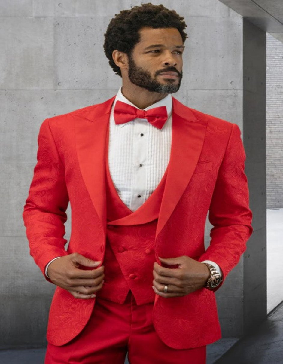 Mens Double Breasted Vested Tonal Paisley Wedding and Prom Tuxedo in Red