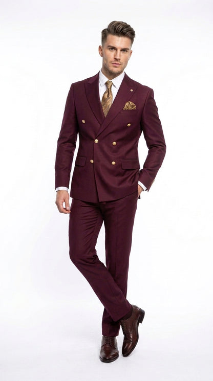 Men’s Burgundy Double Breasted Suit with Gold Buttons, Formal Wedding Prom Dress Suit