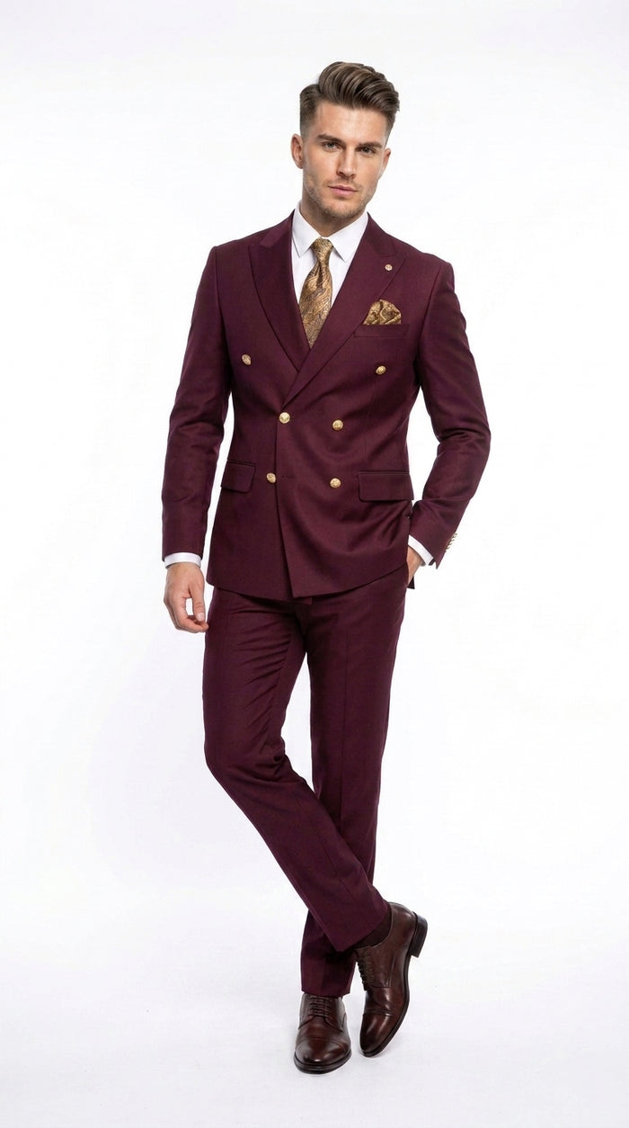 Men’s Burgundy Double Breasted Suit with Gold Buttons, Formal Wedding Prom Dress Suit