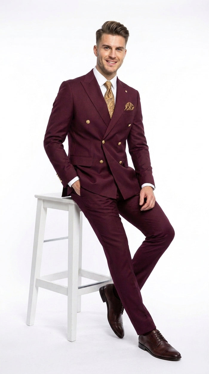 Men’s Burgundy Double Breasted Suit with Gold Buttons, Formal Wedding Prom Dress Suit