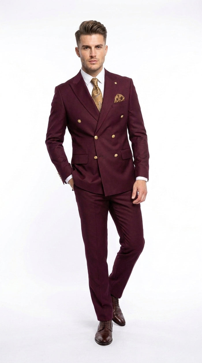 Men’s Burgundy Double Breasted Suit with Gold Buttons, Formal Wedding Prom Dress Suit