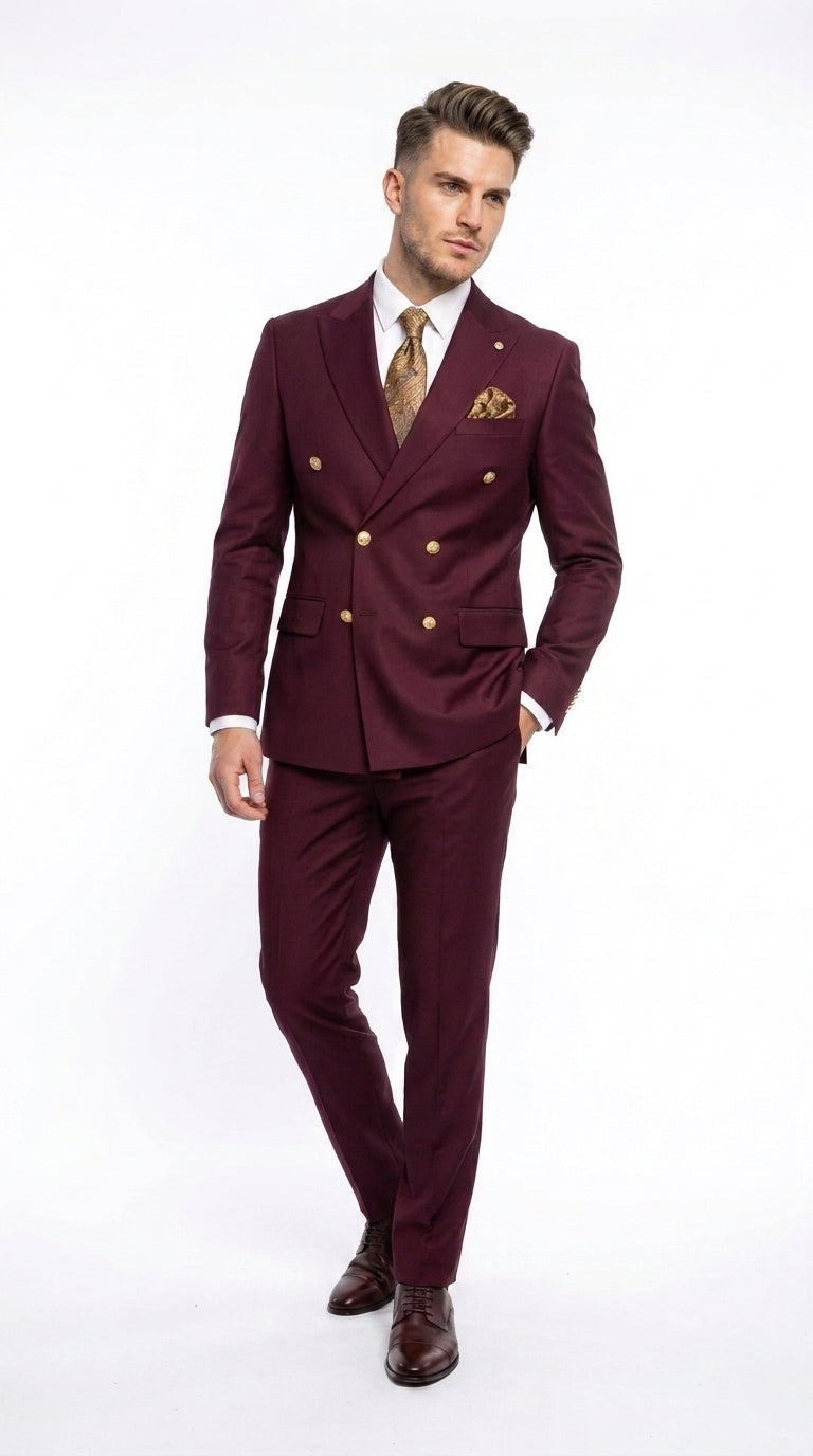 Men’s Burgundy Double Breasted Suit with Gold Buttons, Formal Wedding Prom Dress Suit