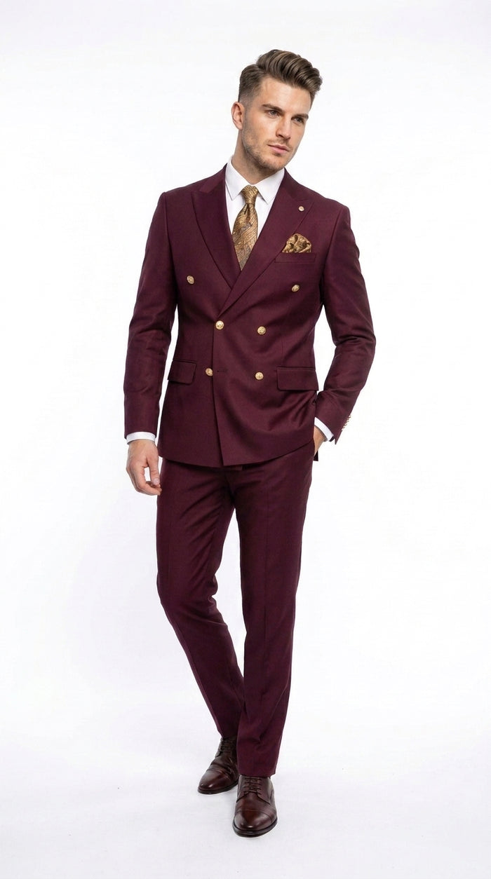 Men’s Burgundy Double Breasted Suit with Gold Buttons, Formal Wedding Prom Dress Suit
