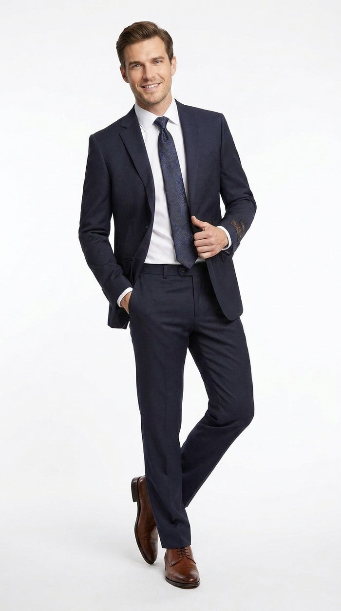 Tiglio Novello Men’s Navy Italian Wool Suit, Super 150s Modern Fit Formal Dress Suit