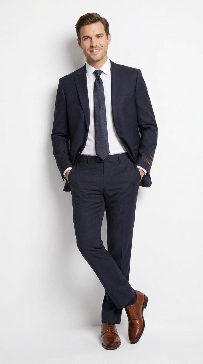Tiglio Novello Men’s Navy Italian Wool Suit, Super 150s Modern Fit Formal Dress Suit