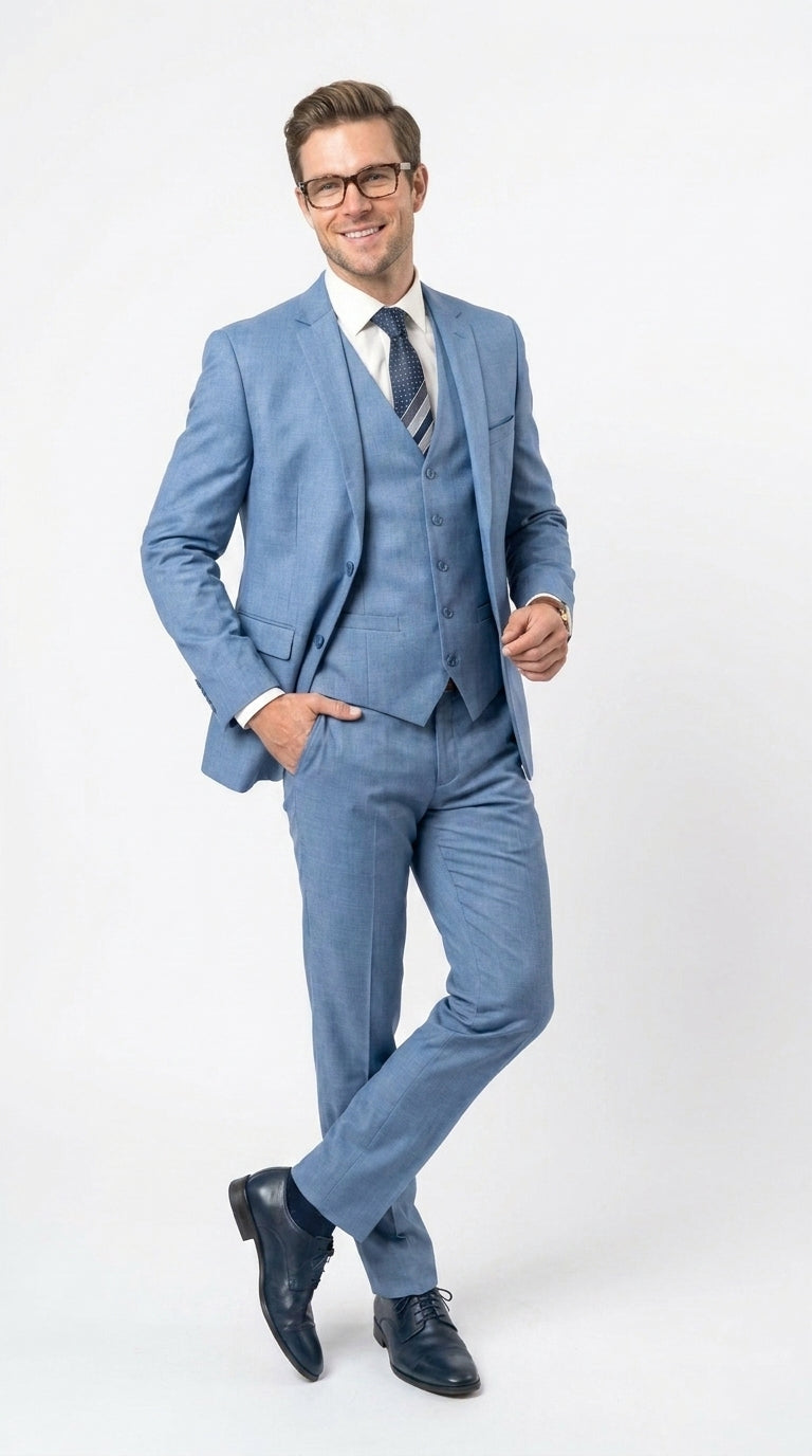 Men’s Steel Blue Sharkskin Textured 3 Piece Suit, Dusty Blue Formal Wedding Dress Suit