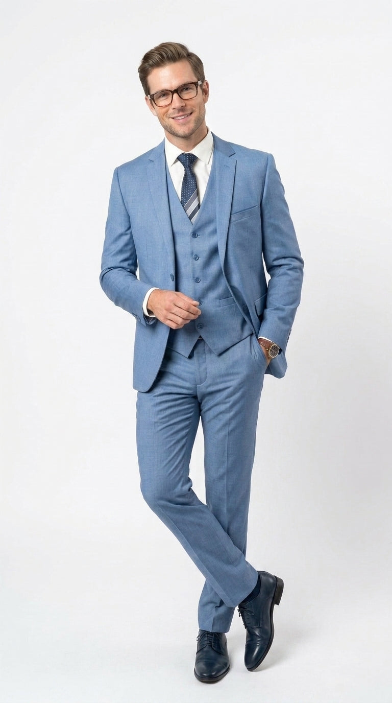 Men’s Steel Blue Sharkskin Textured 3 Piece Suit, Dusty Blue Formal Wedding Dress Suit