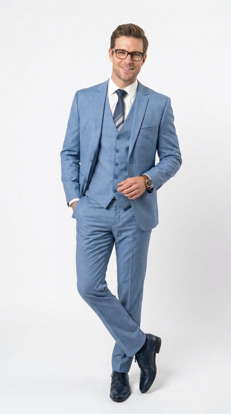 Men’s Steel Blue Sharkskin Textured 3 Piece Suit, Dusty Blue Formal Wedding Dress Suit