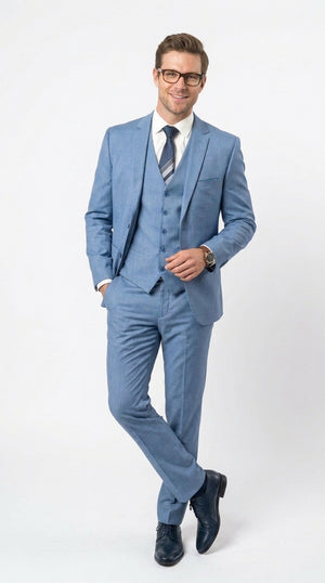 Men’s Steel Blue Sharkskin Textured 3 Piece Suit, Dusty Blue Formal Wedding Dress Suit