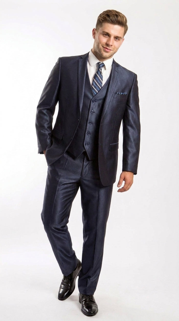 Men’s Navy Shiny Sharkskin Vested Suit, Tazio Formal Wedding Prom Dress Suit
