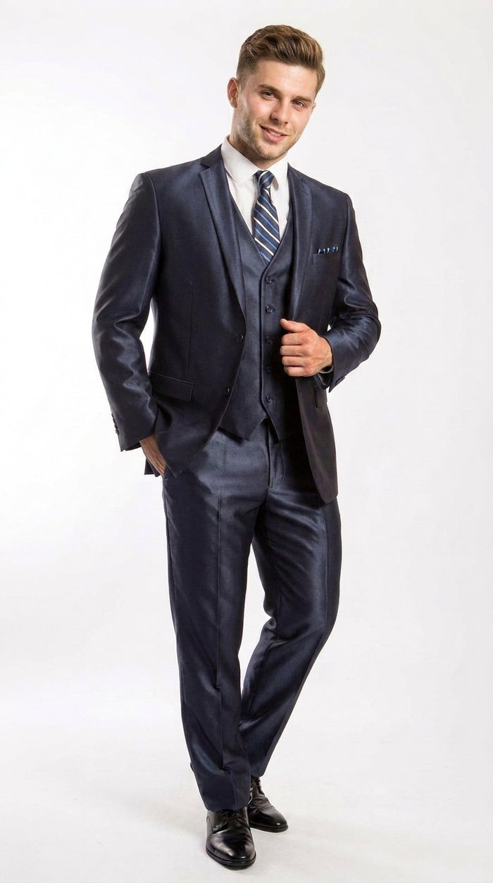 Men’s Navy Shiny Sharkskin Vested Suit, Tazio Formal Wedding Prom Dress Suit
