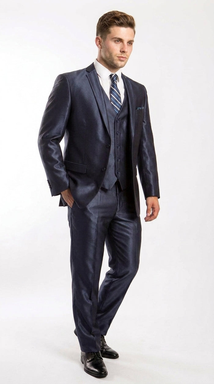 Men’s Navy Shiny Sharkskin Vested Suit, Tazio Formal Wedding Prom Dress Suit