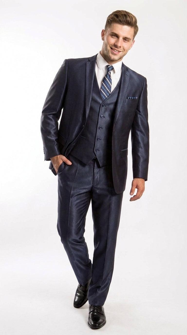 Men’s Navy Shiny Sharkskin Vested Suit, Tazio Formal Wedding Prom Dress Suit