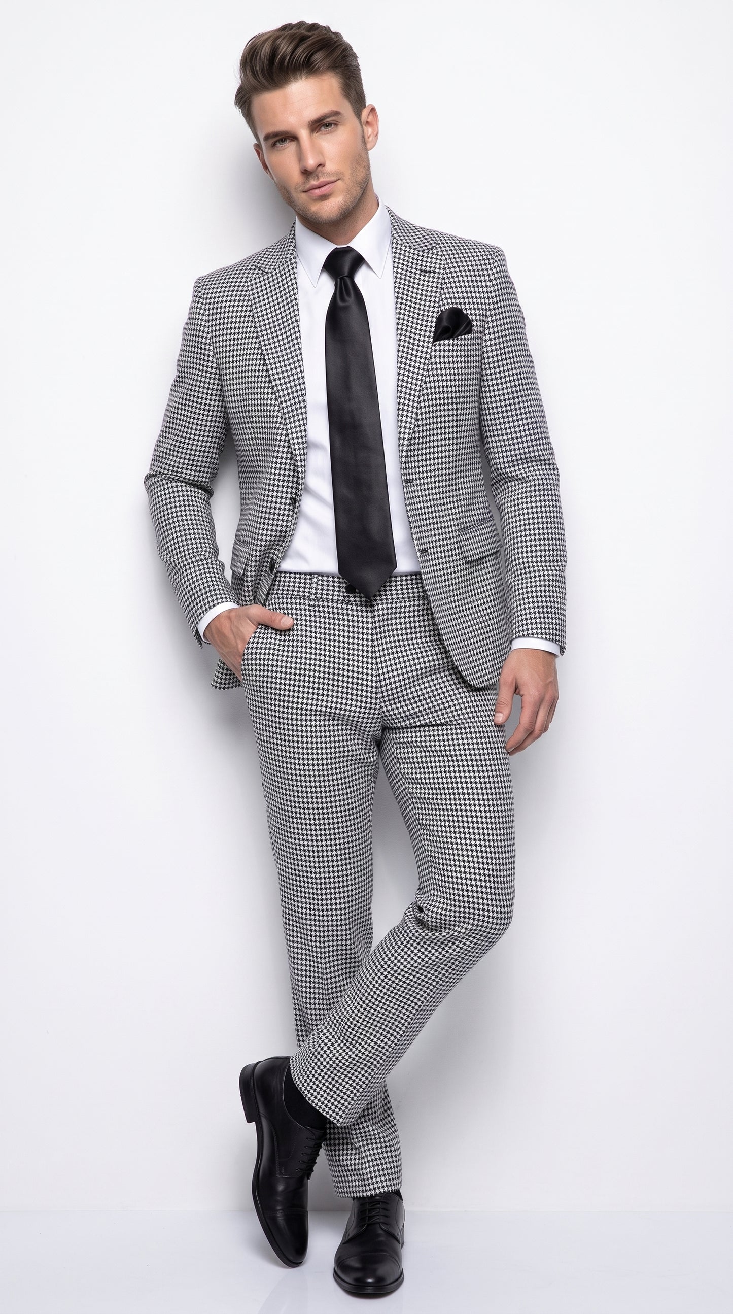 Rossi Man MAX RM1710 Men’s Black and White Houndstooth 3 Piece Suit, Modern Formal Dress Suit