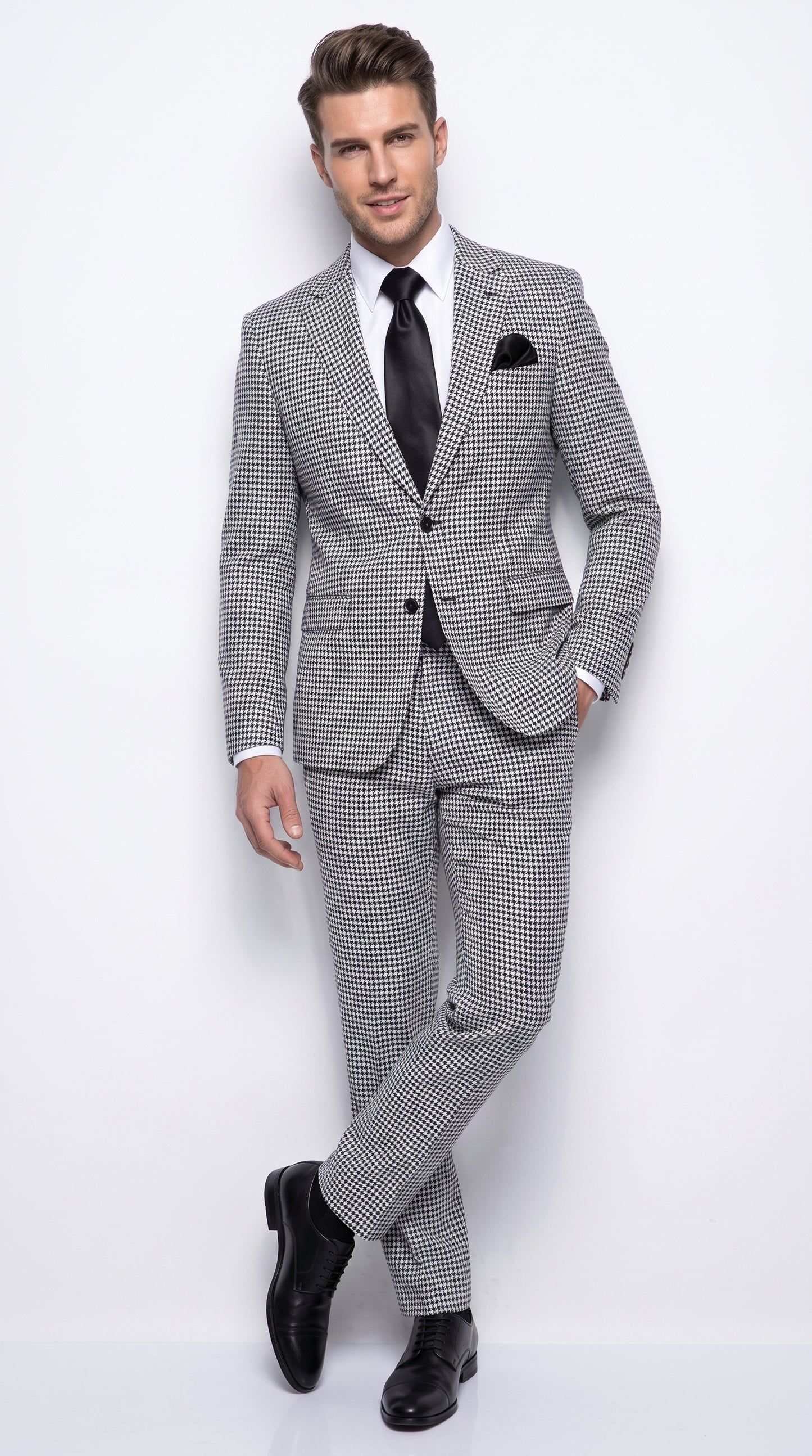Rossi Man MAX RM1710 Men’s Black and White Houndstooth 3 Piece Suit, Modern Formal Dress Suit