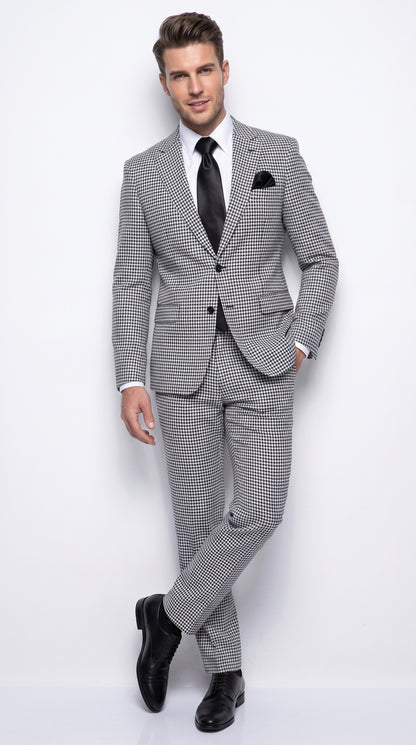 Rossi Man MAX RM1710 Men’s Black and White Houndstooth 3 Piece Suit, Modern Formal Dress Suit