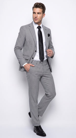 Rossi Man MAX RM1710 Men’s Black and White Houndstooth 3 Piece Suit, Modern Formal Dress Suit
