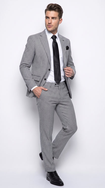 Rossi Man MAX RM1710 Men’s Black and White Houndstooth 3 Piece Suit, Modern Formal Dress Suit