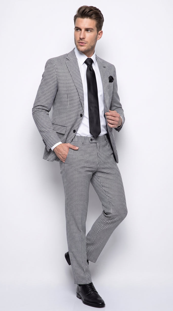 Rossi Man MAX RM1710 Men’s Black and White Houndstooth 3 Piece Suit, Modern Formal Dress Suit