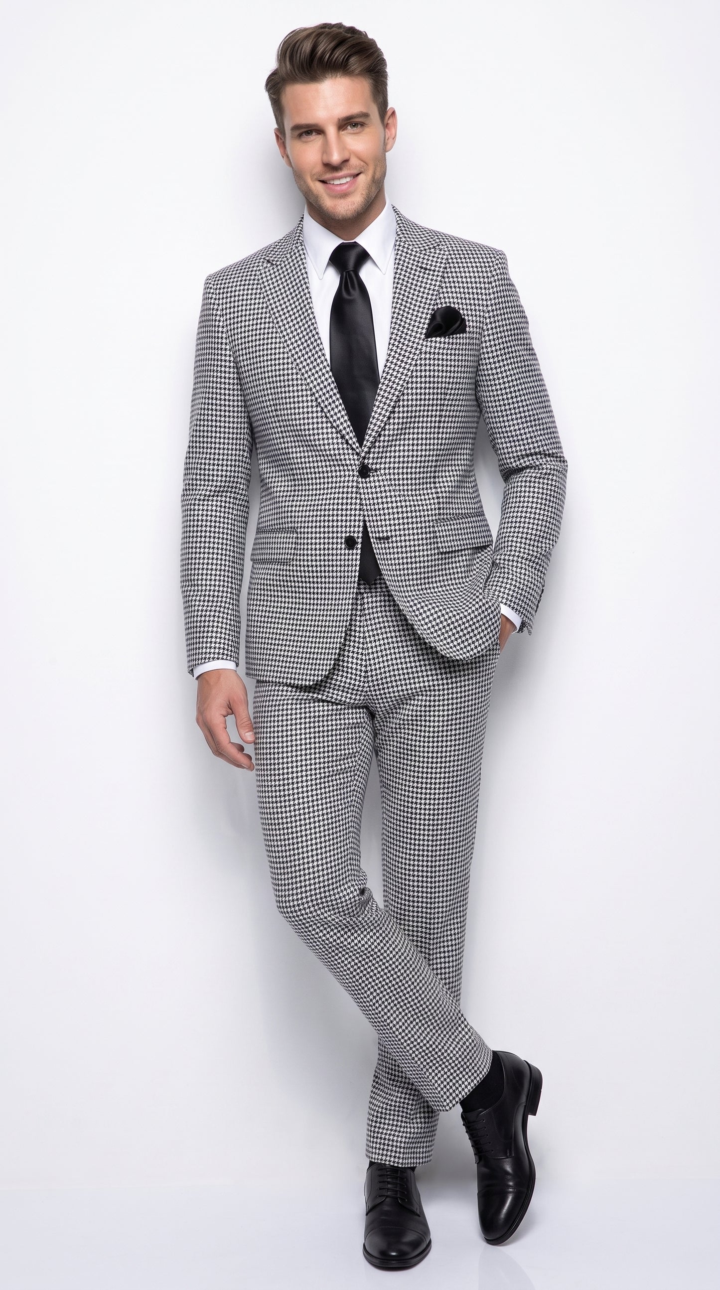 Rossi Man MAX RM1710 Men’s Black and White Houndstooth 3 Piece Suit, Modern Formal Dress Suit