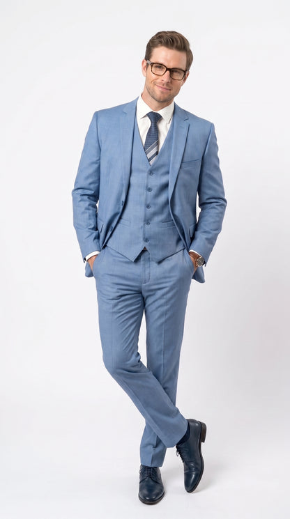 Men’s Steel Blue Sharkskin Textured 3 Piece Suit, Dusty Blue Formal Wedding Dress Suit