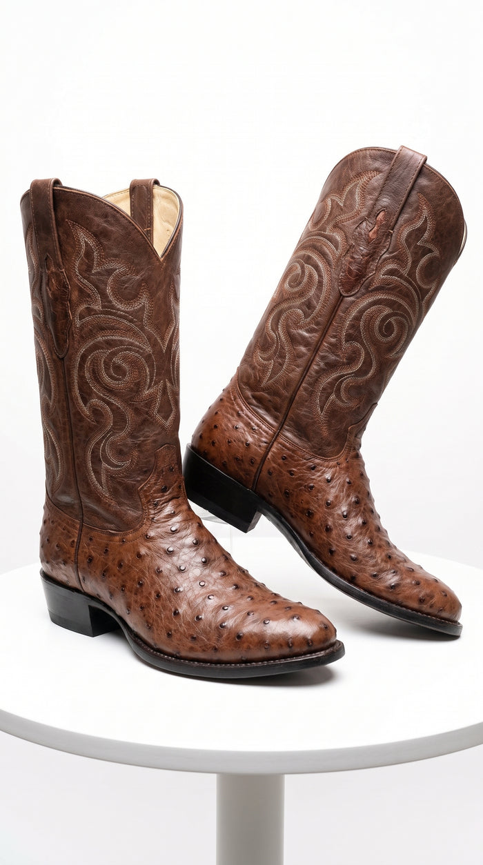 Men’s Los Altos Kango Tabac Genuine Ostrich Round Toe Boots, Exotic Western Cowboy Dress Boots