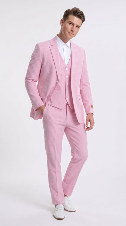Men’s Red Pinstripe Seersucker Suit – 2 Piece Summer Suit Jacket and Pants