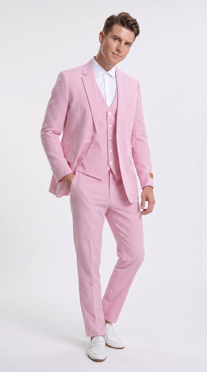 Men’s Red Pinstripe Seersucker Suit – 2 Piece Summer Suit Jacket and Pants