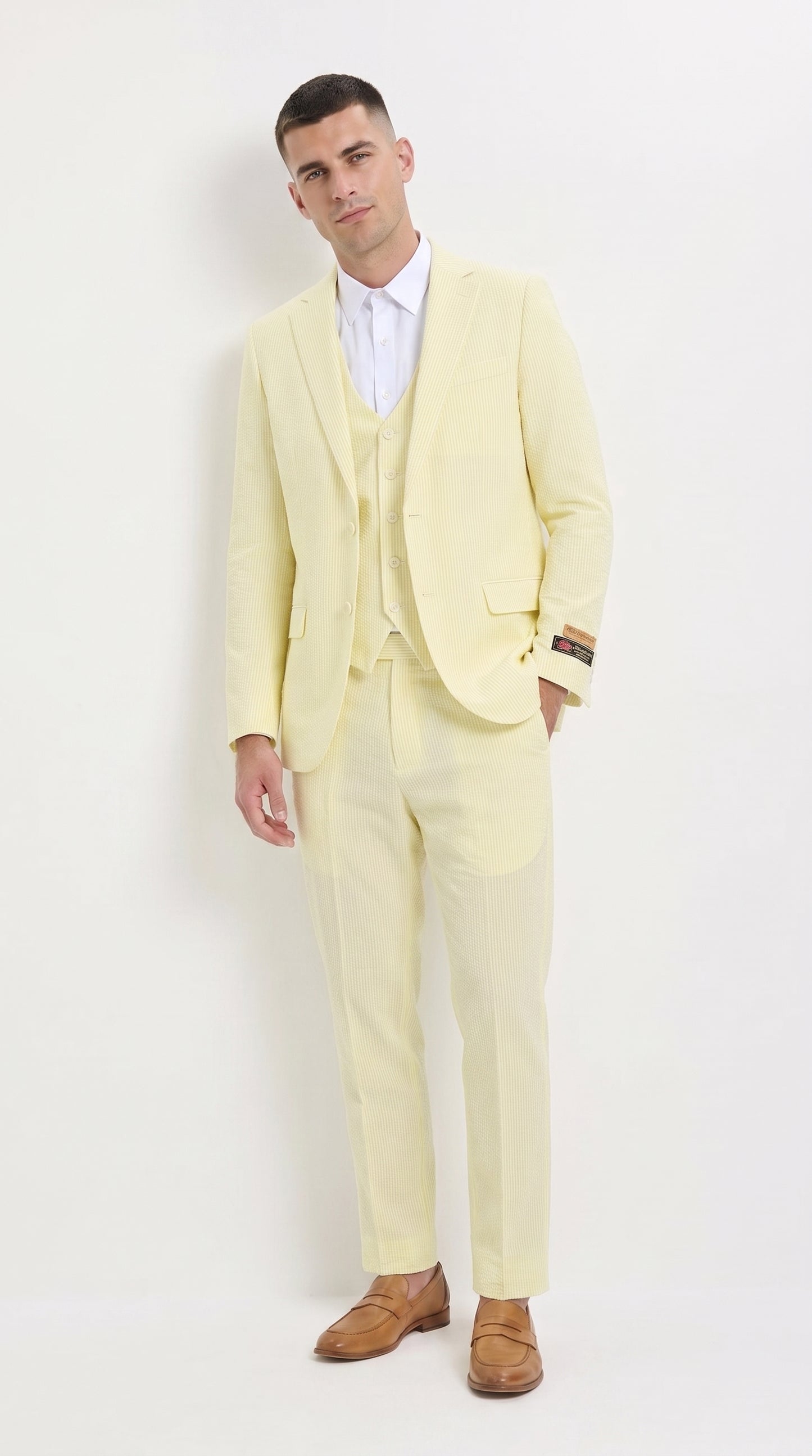 Men’s Yellow Pinstripe Seersucker Suit – 2 Piece Summer Suit Jacket and Pants