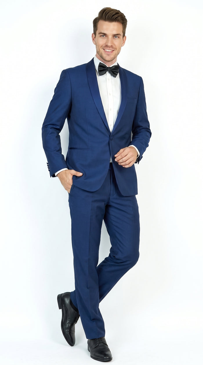 Men’s Midnight Blue Shawl Lapel Tuxedo, 1 Button Formal Wedding Prom Suit