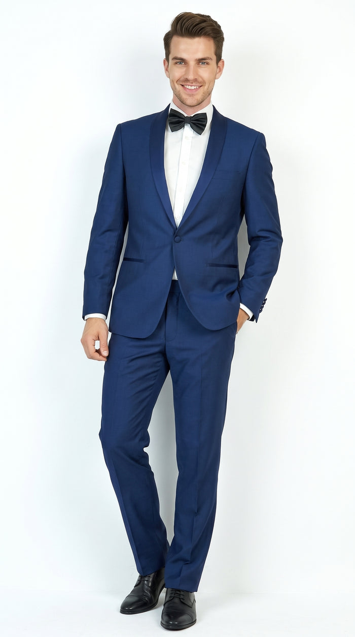 Men’s Midnight Blue Shawl Lapel Tuxedo, 1 Button Formal Wedding Prom Suit