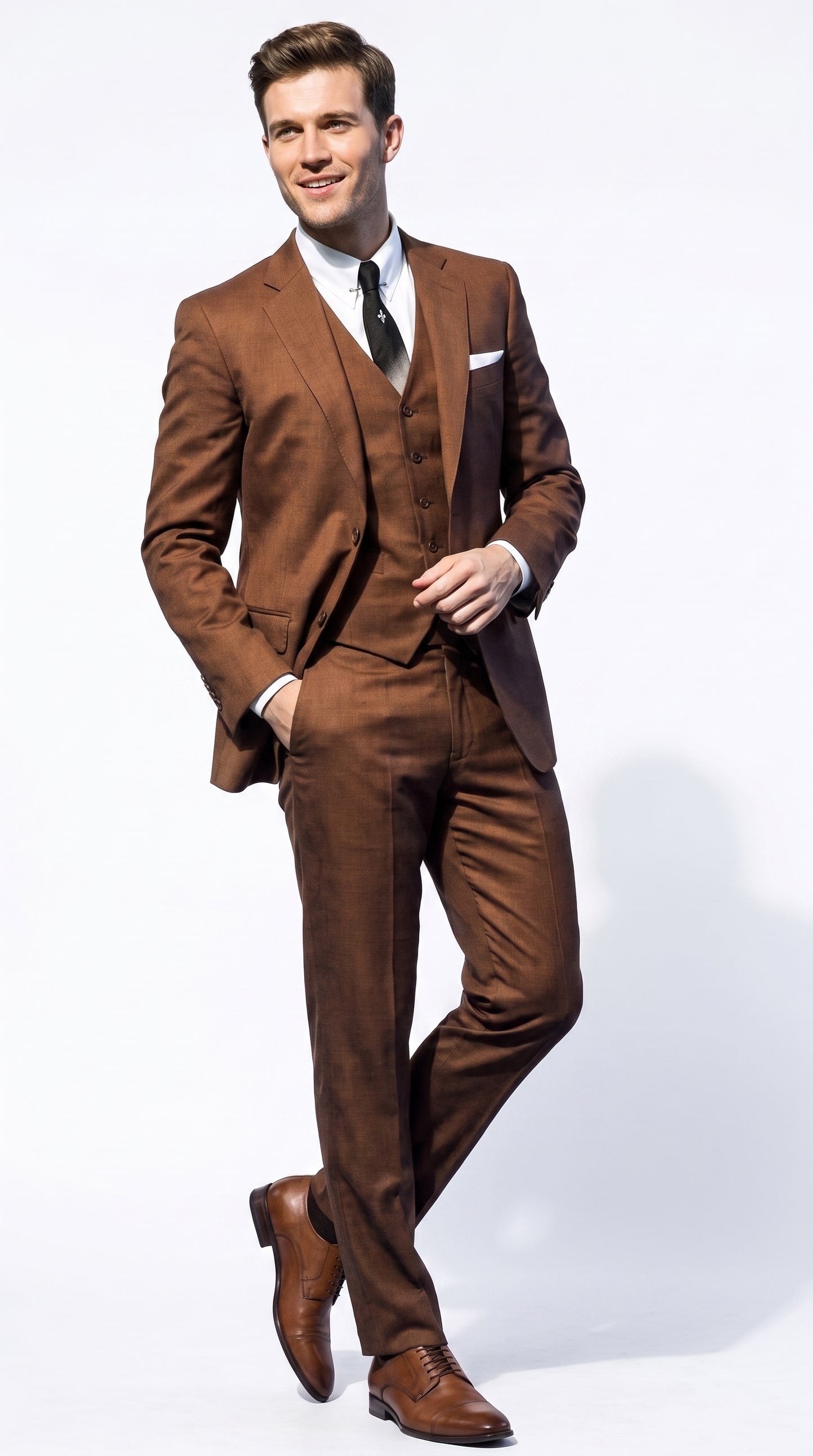 34 Men's Cognac Ryan Gosling La La Land Inspired Vested Suit, 3 Piece Formal Wedding Prom Suit