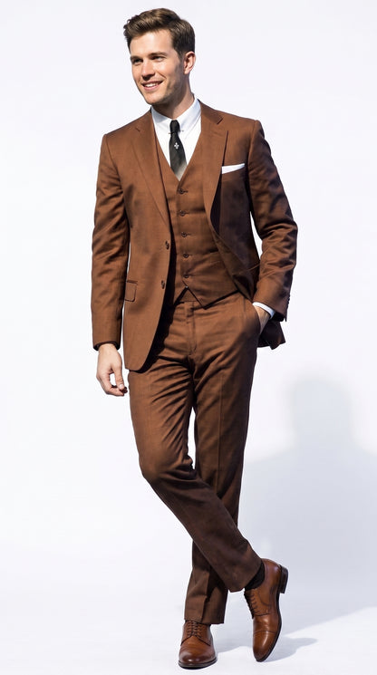 Men’s Cognac Ryan Gosling La La Land Inspired Vested Suit, 3 Piece Formal Wedding Prom Suit