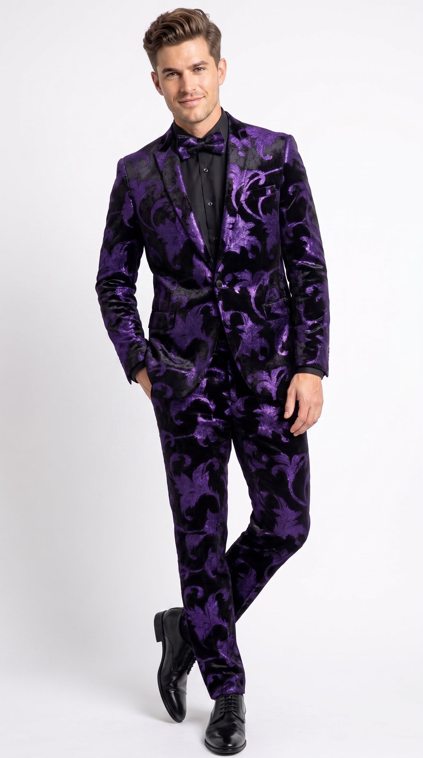 Men’s Purple and Black Paisley Tuxedo Suit – Mardi Gras Dinner Jacket with Matching Pants
