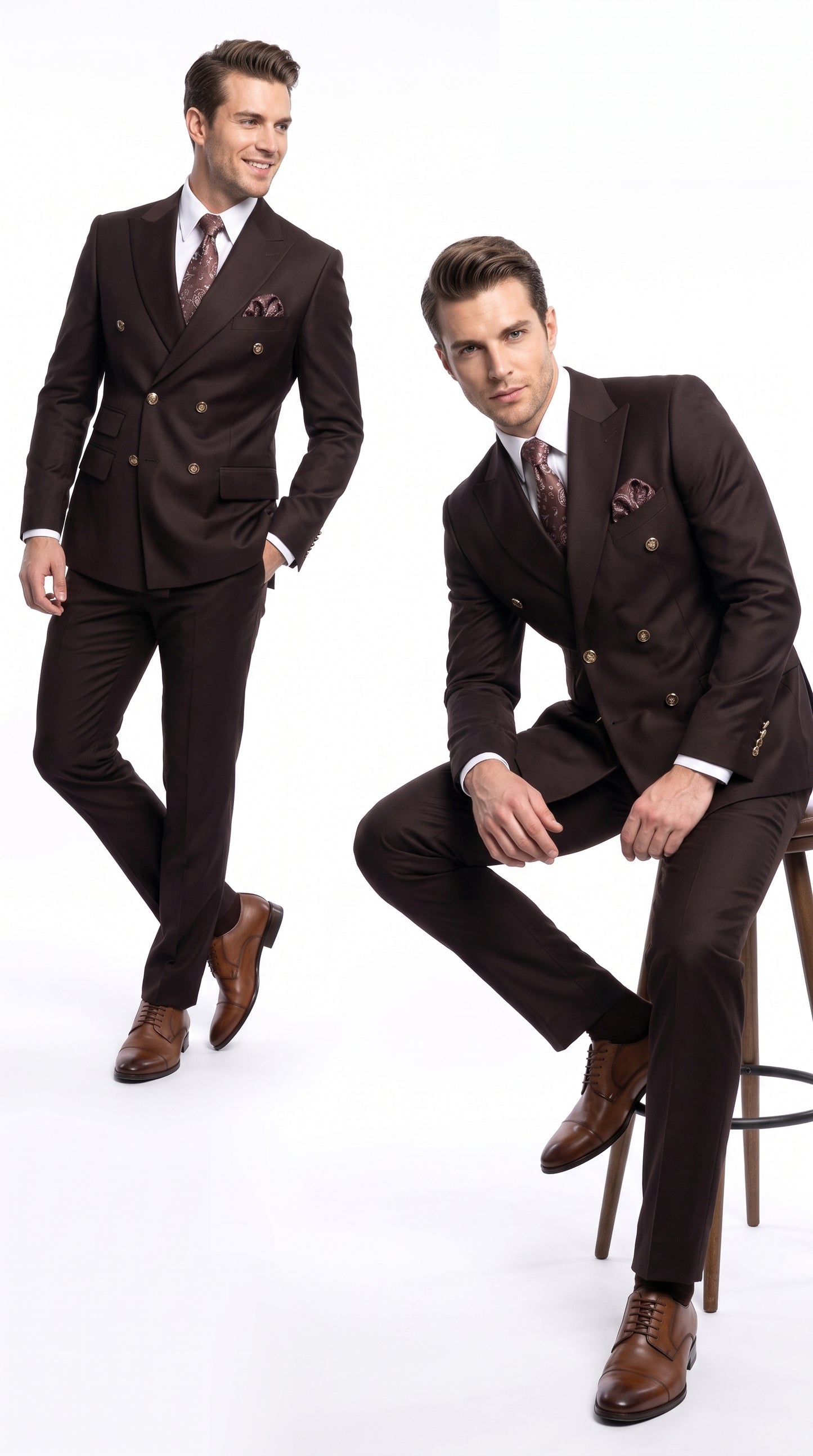 Men’s Brown Double Breasted Suit with Gold Buttons, Designer Formal Wedding Business Suit
