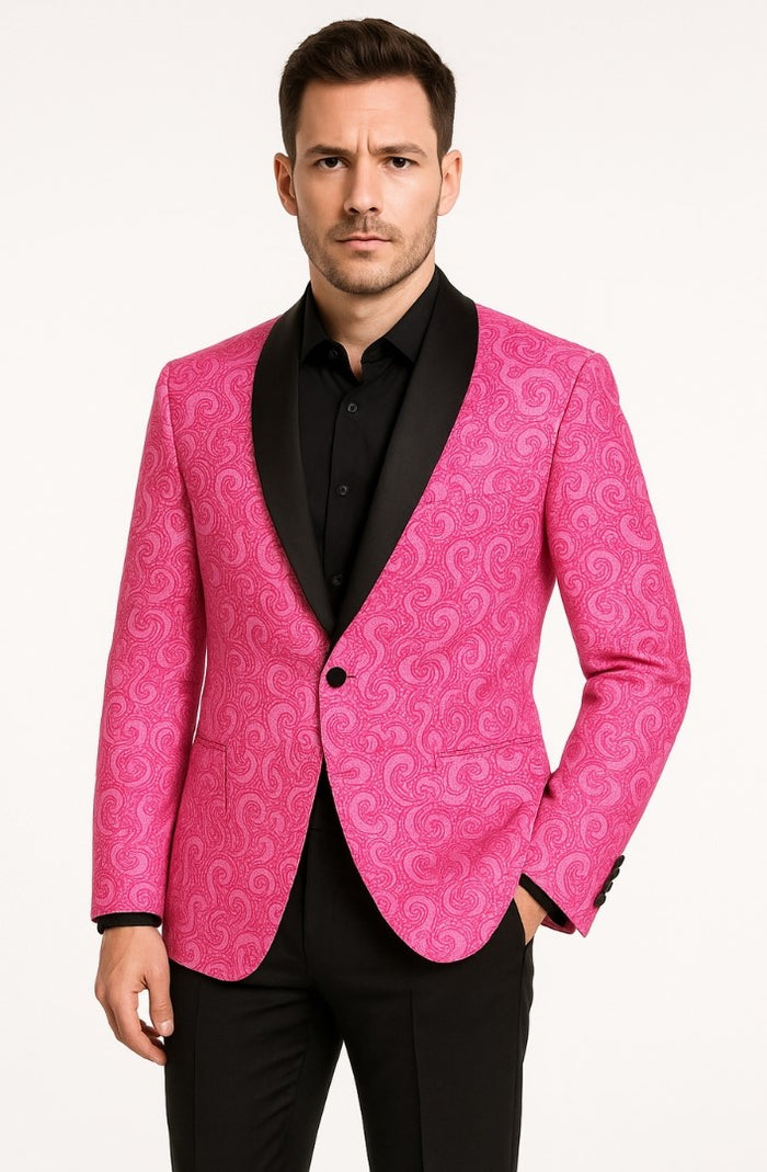 Mens Hot Pink Paisley Tuxedo Blazer with Black Shawl Lapel Fuchsia Color Dinner Jacket Perfect for Prom