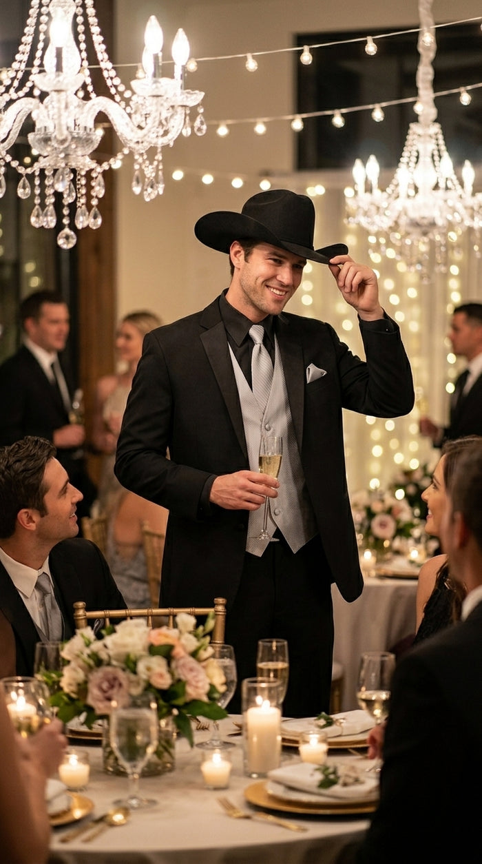 Men’s Black 2 Button Trim Cowboy Suit with Silver Waistcoat, Country Wedding Formal Suit Set
