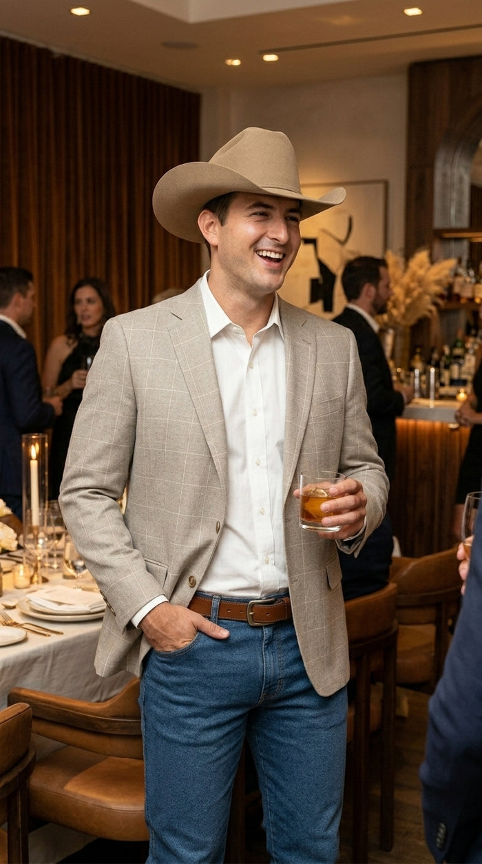 Men’s Light Tan Windowpane Plaid Western Blazer, Cowboy Sport Coat for Business Casual and Summer Events