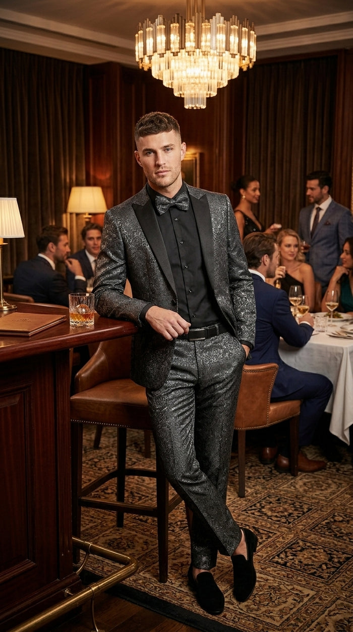 Men’s Black Patterned Tuxedo Suit, Wedding Prom Formal Dinner Suit with Satin Lapel