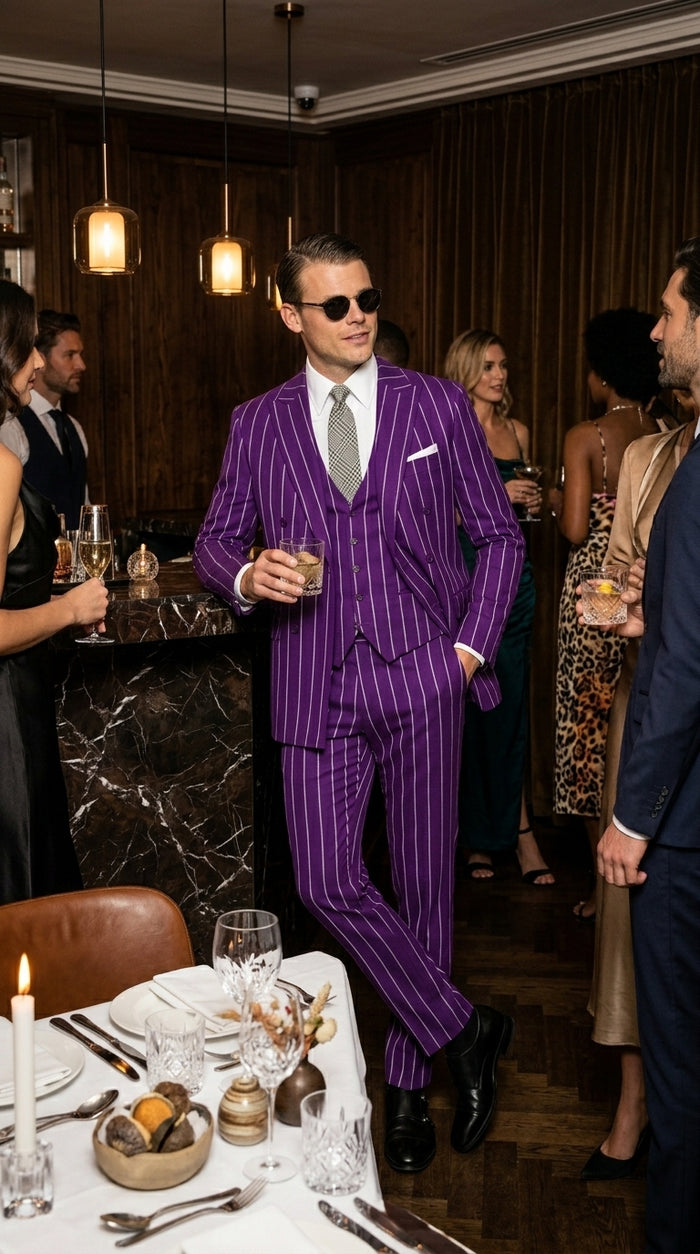 Men’s Purple Pinstripe 1920s Gangster Suit, Vintage Formal 3 Piece Wedding Prom Suit Set