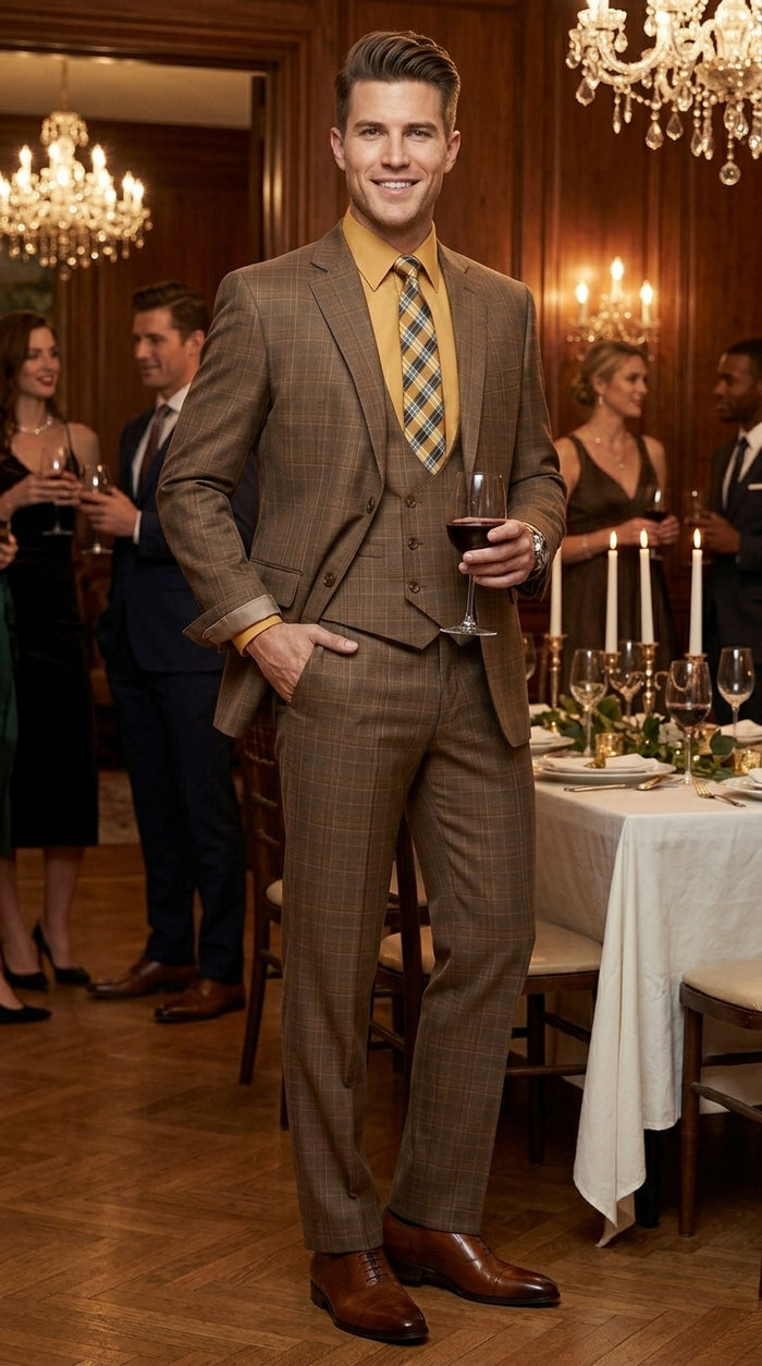 Men’s Brown Windowpane Plaid 3 Piece Suit, Two Button Peak Lapel Classic Formal Suit Set