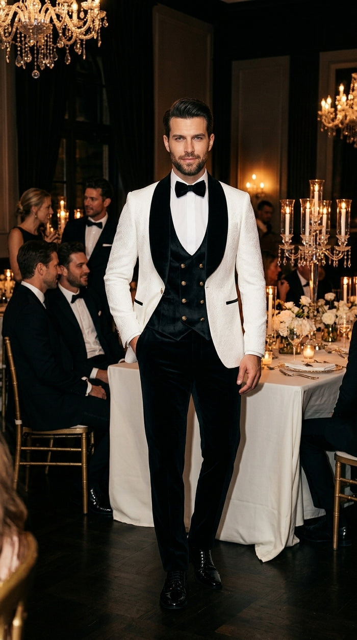 Men’s White Paisley 4 Piece Groom Wedding Suit with Black Velvet Shawl Collar and Matching Bowtie