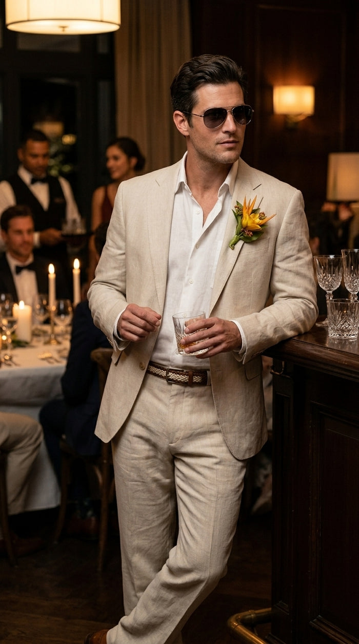 Men’s Natural Sand Light Tan Linen Suit, Summer Beach Wedding Formal Suit Set