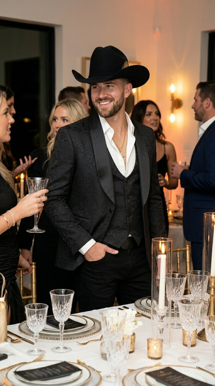 Men’s Black Paisley Jacquard Blazer with Satin Shawl Lapel, Western Formal Designer Jacket