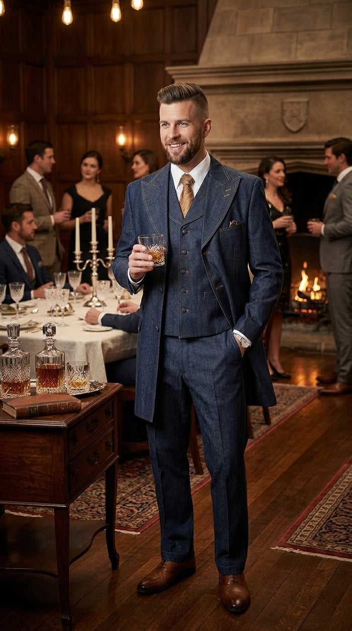 Men’s Blue Denim Zoot Suit, Long Vested Vintage Jeans Style Formal Suit Set
