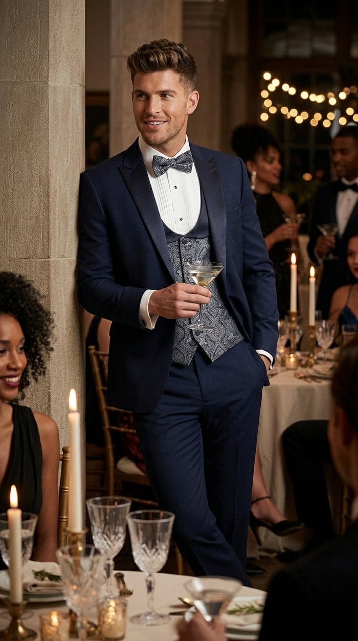 Men’s Indigo Blue One Button Shawl Tuxedo with Paisley Vest, Formal Wedding Prom Dinner Suit Set