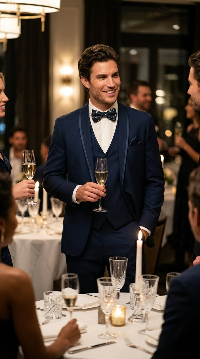 Men’s Sapphire Blue Vested Shawl Lapel Tuxedo with Satin Trim, Formal Wedding Prom Dinner Suit Set