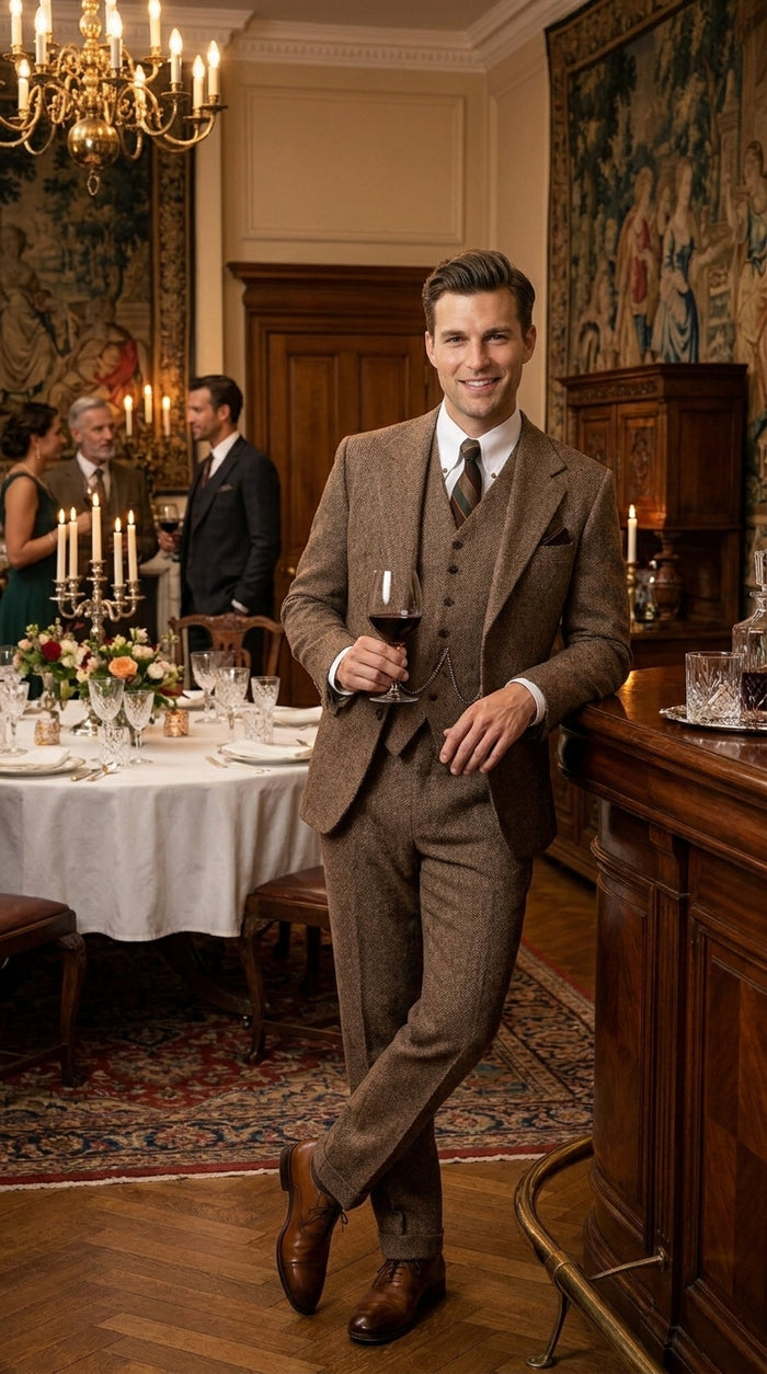 Men’s Light Brown Tweed Herringbone 3 Piece Great Gatsby Suit, Vested Vintage Wedding Formal Suit Set
