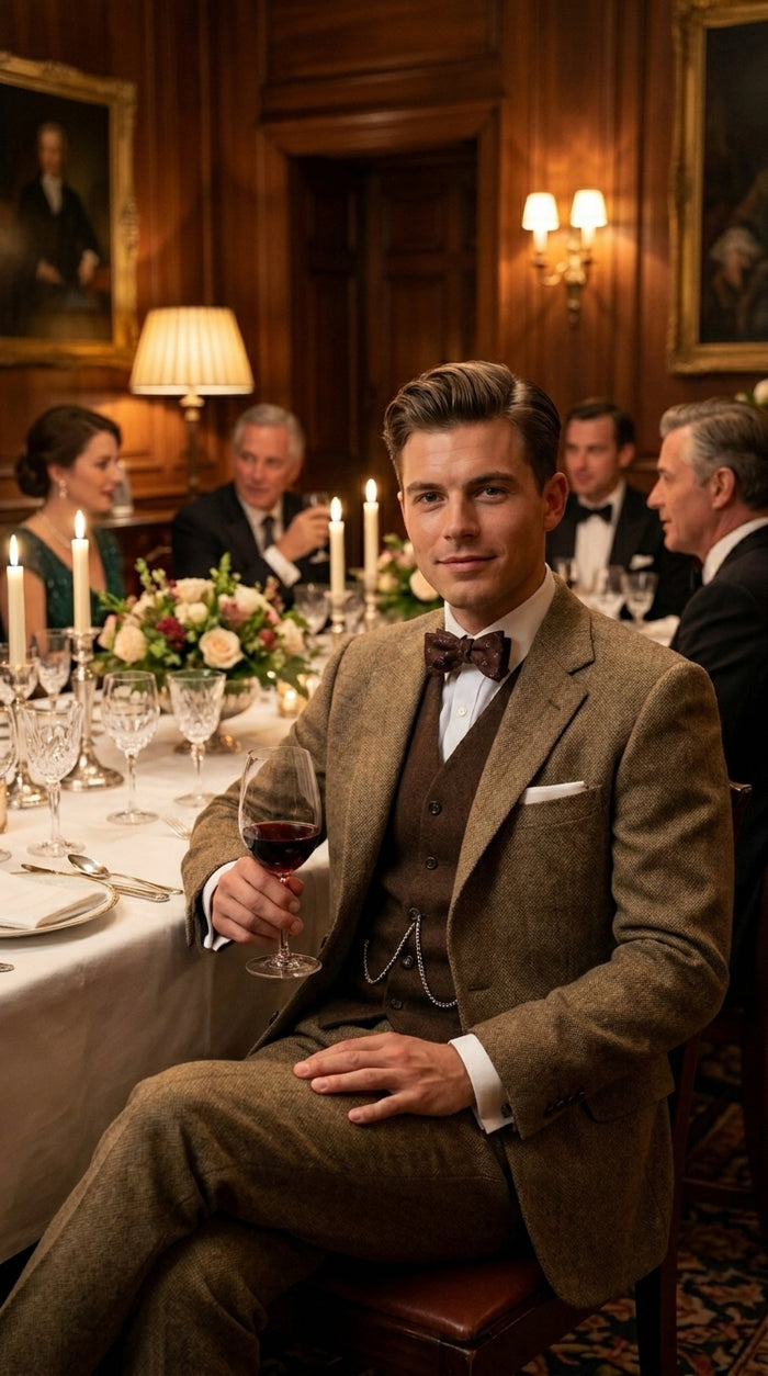 Men’s Taupe Great Gatsby Style 3 Piece Vested Suit, Vintage Wedding Prom Formal Suit Set