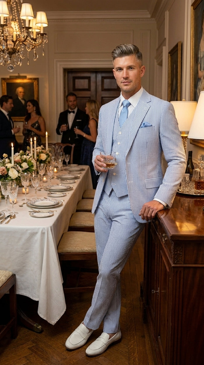 Men’s Light Blue Seersucker Jacket + Pants Suit with 2 Button Jacket, Summer Wedding Formal Dress Suit